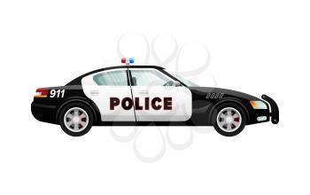 Police car isolated illustration. Black-white automobile in simple cartoon style. Speed mean of transportation. Front and back headlights. Clear windows. Four doors. Side view. Flat design. Vector