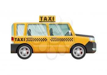 Yellow taxi cab with checker on roof. City transport. Fast mean of transportation. Urban emergency vehicle. Clear glasses. Little black squares on automobile. Taxi in cartoon style. Side view. Vector