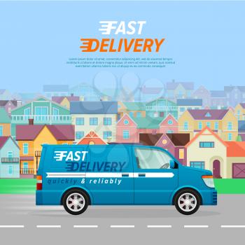 Blue delivery van with a white line on the asphalt road in the city. Fast four-wheeled mean of transportation. Blue background with many high buildings. Speed auto driving on the highway. Vector