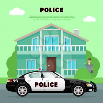 Black-white police car driving to bank. Four-wheeled fast auto in city. Robber in special clothes with bag of money hiding behind green tree near bank on green background. Vector illustration