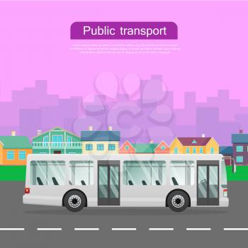 Urban public transport. White passenger bus with two automatic doors driving on road of city. Long four-wheeled auto. Some high skyscrapers and low houses on violet background. Vector illustration