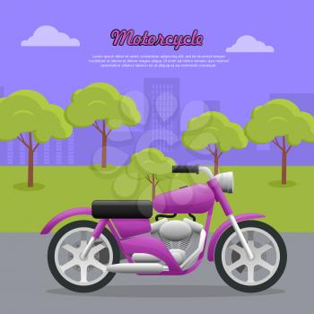 Motorcycle. Transport. Travelling. Contemporary violet motorcycle on road in big city. Two-wheeled vehicle with fuel economy. Convenient mean of transportation. Green trees and high buildings. Vector