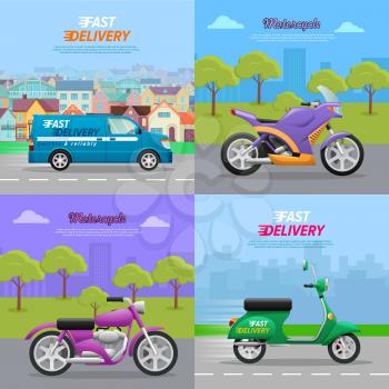Set of icons with vehicles. Fast delivery. Motorcycle. Blue minivan on road in city. Two violet motorcycles and with trees on background. Green cycle on asphalt in town. Cartoon style. Vector