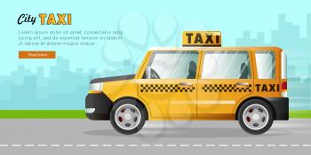 Yellow taxi with a checker on the road of the city. Speed and easy mean of transportation on the highway. Urban cab. Skyscrapers on the background. City taxicab driving through street. Vector