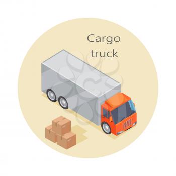 Cargo truck icon and paper boxes. Delivery vehicle isolated. Truck specialized to deliver goods. Semi-trailer, box trailers. Armored cars, dump truck. Used deliver cargo. Advanced delivery van. Vector