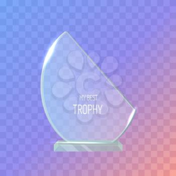 Trophy. Realistic great award. Crystal. Shiny. First place. Winning. Contemporary beautiful glass prize on clean basis. Semi-oval reward. Flat design. Vector illustration