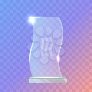 Trophy. Beautiful realistic crystal award with in wave shape. Plate basement. Three little waves in the center. Shiny. Glossy. Flat design. Vector illustration
