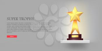 Best gold star trophy standing on white long shelf. Shiny, glossy prize with star on top and two offshoots. Little brown basement. Silver backgroung. Winning. Flat design. Vector illustration.