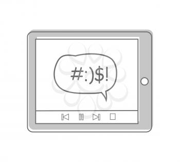 Tablet computer with message on screen. Social media, chat, dialogue, online marketing, internet communication element. Business concept. Flat pictogram symbol. Isolated vector illustration.