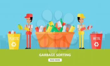 Garbage sorting. Two men sorting garbage. Waste recycling concept. Sorting process different types of waste. Garbage destroying. Website design template. Vector illustration in flat style design.