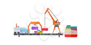 Escalator delivers cargo on ship. Logistics container shipping and distribution. Transportation to any part of world. Delivering by water sea ocean. Loading and unloading boxes. Vector illustration