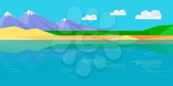 Natural landscape with sea, mountains, sky, clouds, sandy beach. Natural landscape in flat. Mountains landscape, abstract blue panoramic view. Nature background. Vector illustration.