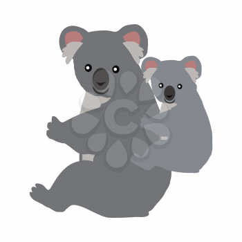 Koala with a baby cartoon isolated on white. Arboreal herbivorous marsupial native to Australia. Animal with stout, tailless body and large head with round, fluffy ears and spoon-shaped nose. Vector