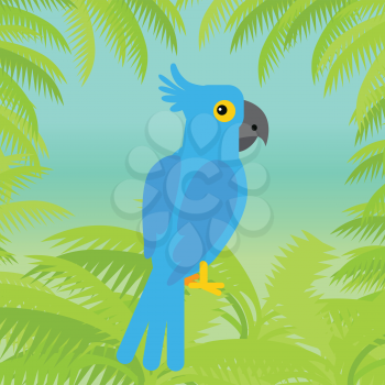 Blue macaw flat design vector. Wild rare amazonian bird. Exotic parrot sitting in palm trees brunches. Tropical fauna species. For nature concepts, children s books illustrating, printing materials