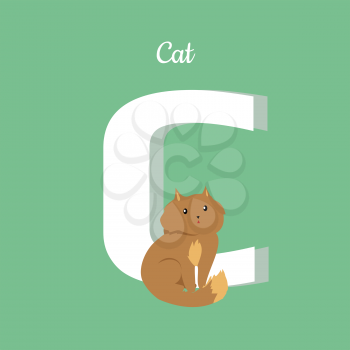 Cat with letter C isolated on green. Domestic brown kitten. Part of alphabetic series with animals. Fluffy cat mammal. Small funny house cat. ABC, alphabet. Vector illustration in flat style