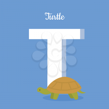 Animals alphabet. Letter - T. Big turtle stands near letter. Alphabet learning chart with animal illustration for letter and animal name. Vector zoo alphabet with cartoon animal on blue background