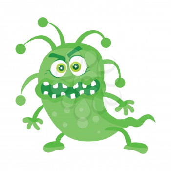Bacteria cartoon character with eyes and mouth. Green angry microbe flat vector illustration isolated on white background. Virus, germ, monster or parasite icon. For medical, hygienic, science concept