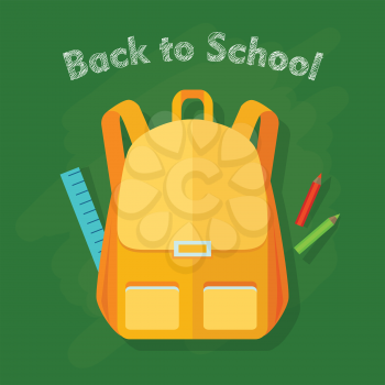 Back to school. Yellow backpack with two front pockets. Orange pieces of cloth. School objects behind. Long blue ruler, green and red pencils. Illustration in cartoon style. Flat design. Vector