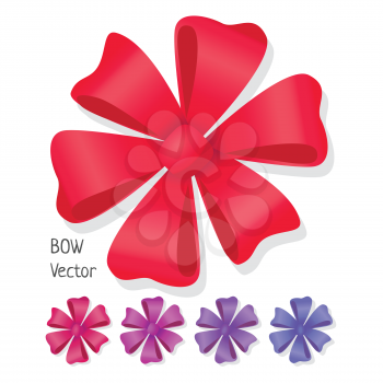 Bow vector set. Luxury flower made from ribbons. Editable element for design isolated on white. Pussy bright bow knot. Gift knot of ribbons in flat style design. Overwhelming bow. Vector cartoon illustration.