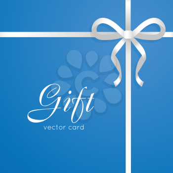 Gift vector card on blue. Illustration of isolated narrow white long ribbon. Short bow in right corner of picture. Simple cartoon style. Front view. Flat design. Colourful kind of decoration. Vector
