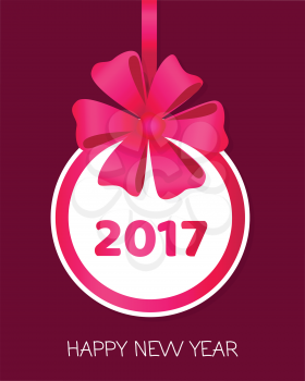 Happy New Year 2017 round banner with pink ribbon and big bow. Toy with white center. Christmas tree decoration. Bright bow with six wide petals. Simple cartoon design. Front view. Flat style. Vector.