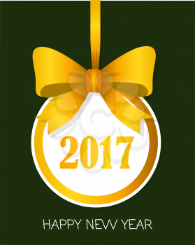 Happy New Year 2017 round banner with yellow ribbon and big bow. Toy with white center. Christmas tree decoration. Bow with two petals. Simple cartoon design. Front view. Flat style. Vector.