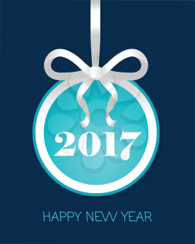 Happy New Year 2017 round banner with white ribbon and thin bow. Toy with light blue center. Christmas tree decoration. Bright bow with two narrow petals. Simple cartoon design. Front view. Vector.