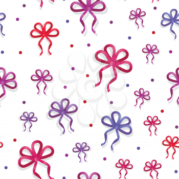 Seamless pattern with bows isolated on white. Pussy color bright bowknots endless texture. Gift knots of ribbon in flat style design. Wide and thin decorative elements. Vector cartoon illustration