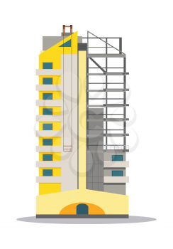 Partly unfinished yellow building isolated on white. Skyscraper. One side of house with windows and another is in building process. Simple cartoon style. House icon. Flat design. Vector illustration