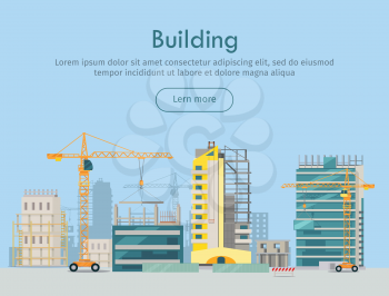 Building web banner. Skyscraper. Floors with glass. Rows and columns of metal. Skyscraper city infrastructure. Construction area with crane. Rows and columns of metal. Modern architecture. Vector