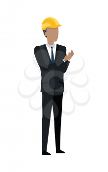 Successful architect standing and clapping hands. Man in black suit and yellow helmet. Building manager. Investor in expensive cloth and classical shirt. Cartoon style in flat design. Vector