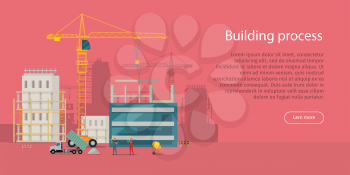 Building process. Web construction site. Cartoon design. Two high industrial cranes lifting heavy elements. Truck near two builders holding long girder. Truck unload sand. Workers. Flat style. Vector