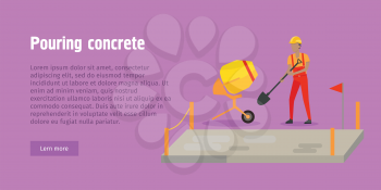 Pouring concrete web banner. Modern Building. Process of Pouring Concrete. Vector poster construction and concreting. Man pour concrete, concrete mixer. Architecture poster for landing page design
