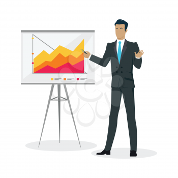 Young businessman in business suit and blue tie making a presentation near whiteboard with infographics. Shows business charts and graphs. Business seminar. Board at a presentation with information