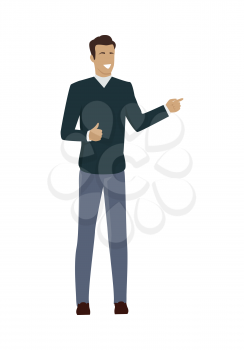 Young businessman character showing thumb up. Brown-haired person in blue sweater and gray pants. Man personage in front. Isolated vector illustration on white background.