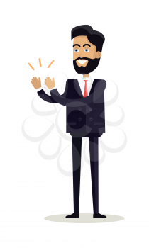 Business man with black hair and in business suit stands and applauds. Man clapping hand with happy face. Smiling young man personage in flat design isolated on white background. Vector illustration.