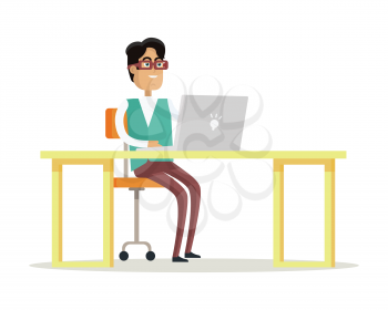 Young businessman works on his laptop in office, sitting at desk, looking at computer screen on white background. Smiling young man personage. Flat design vector illustration.
