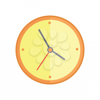 Classic round wall clock with yellow color bodies. Wall clock icon. Mechanical clock. Office workplace design element. Isolated object on white background. Vector illustration.