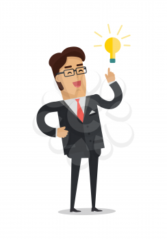 Business man with a bulb isolated on white. Businessman with ideas. Happy funny cartoon character. Male in expensive suit with lightbulb over his head. Vector illustration in flat design style