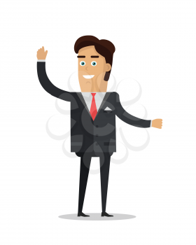 Businessman character vector. Flat style design. Smiling man in  suite standing with raised hand. People greeting illustration. For business, emotions concepts, people infographics. Isolated on white 