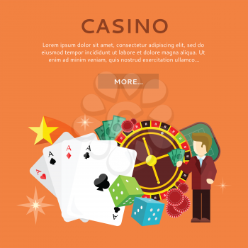 Casino gambling website template. European roulette wheel, chips, croupier, craps dice and playing cards on orange background. Banner for online casino. Vector illustration. Casino background