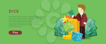 Casino gambling horizontal website template. Chips stacks, croupier, craps dice and money on green background. Banner for online casino. Vector illustration. Casino background