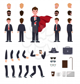 Man in suit with mantle. Character creation set. Different faces, various views of person. Bended hands, legs. Hat, stick, glasses, cup, notebook. Build your own design. Simple cartoon style Vector