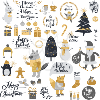 Christmas set with cartoon New Year characters. Collection of xmas elements for greeting card design in silver and golden colors. Forest animals, mottos, winter holiday objects in retro style. Vector