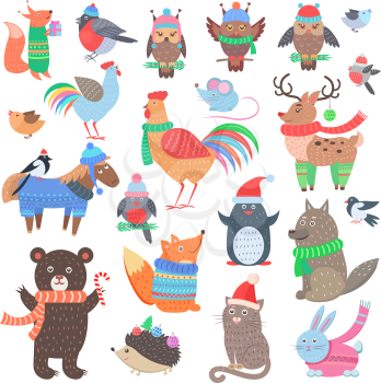 Christmas forest animals set. Retro fairy elements in winter cloth. Vintage fox, owl, cock, deer, horse, wolf, penguin, cat, rabbit, hedgehog in 60s 70s style. Comic creatures vector illustration
