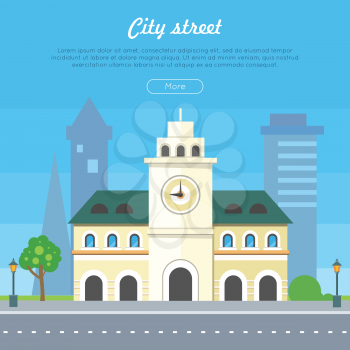 City street banner. City hall with clock on tower, skyscrapers on background flat vector illustration. European architecture, historic district concept. For travel company, tourist attraction web page