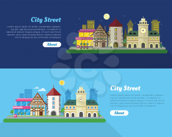 Day and night city street banner. Medieval european city hall, stone tower, fachwerk house, modern building, skyscraper flat vectors. Historic district. For travel company, tourist attraction web page