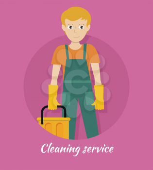 Cleaning service banner. Young man in green uniform and gloves with yellow bucket. House cleaning service, professional office cleaning, home cleaning, domestic cleaning service. Website template.