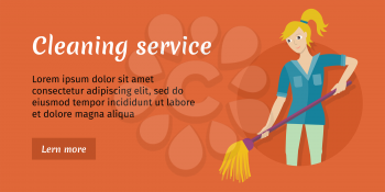 Cleaning service conceptual vector web banner. Flat style. Smiling woman washing floor mop. Illustration with play button for housekeeping companies online services, sites, video, corporate animation