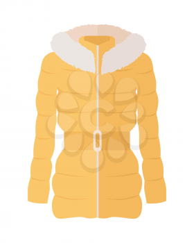 Yellow down jacket with fur collar icon. Women everyday clothing in casual style flat vector illustration isolated on white background. For clothing store ad, fashion concept, app button, web design